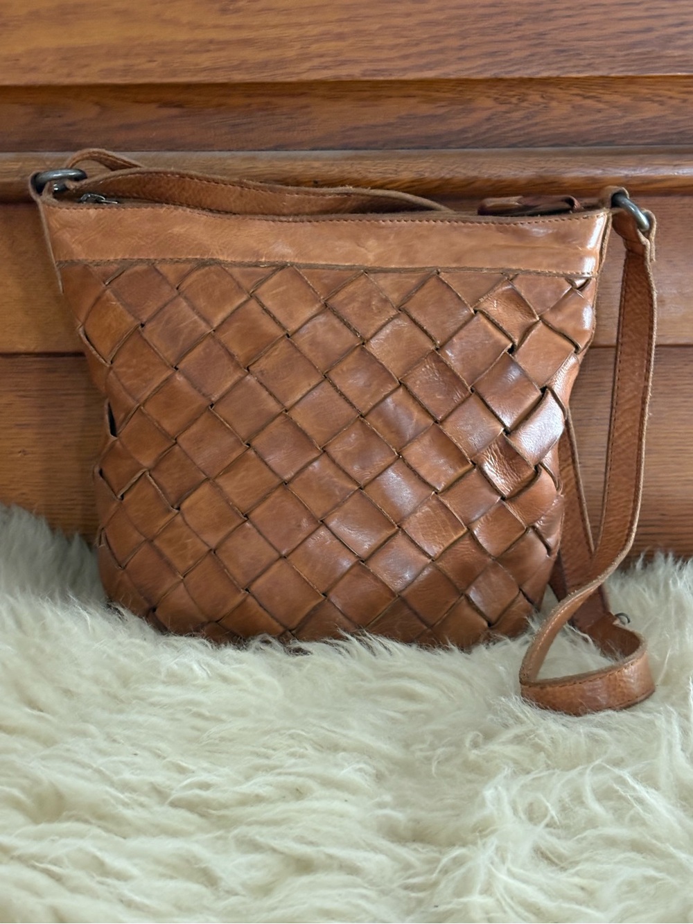Handwoven Leather Crossbody Bag in Cognac